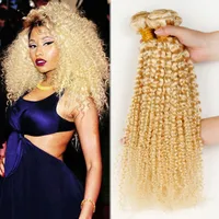 Kinky Curly Virgin Brasilian Blonde Human Hair Buntlar # 613 Platinum Bleach Blond Virgin Mänsklig Hår Vävar Double Wefts 3st