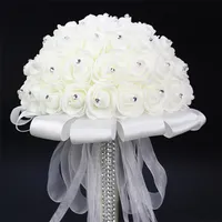 White Bride Holding Bouquet Artificial Rose White Ribbon Handle Bridesmaid Wedding Flowers 20 cm Diameter New