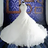 Роскошные Белые Платья 2018 Кружева Бальное платье Свадебные платья с кружевными аппликациями из бисера Высокий вырез без рукавов на молнии Назад платье из органзы