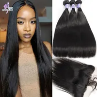 8A Brazilian Human Hair Straight 3 Bundles And Frontal Closure With Lace Front Natural Color Hair Extension