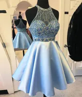 2017 New Light Sky Blue Crew Neck Sleeveless Homecoming Dresses With Beading Custom Made Short Mini A Line Girls Cocktail Party Gowns