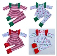 Baby Girl Christmas Cotton Pyjamas Passar Lång Flyga Sleeve Stripe Shirt + Leggings 2 Piece Sets Tjejer Boutique Party Outfit Barnkläder