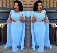 Light Blue Plus Size Cape Style Evening Dresses 2017 Sheath Floor Length Evening Gowns Aso Ebi South African Women Formal Party Dresses