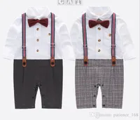 Europe and America style new arrivals autumn baby kids climbing romper cotton long sleeve plaid Red bow romper boy Gentleman straps romper