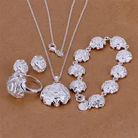 Modeschmuck Set 925 Sterling Silber Überzogene Rose Anhänger Halskette Ohrringe Ring Armband Für Frauen Valentinstag Geschenke