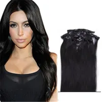 Double Wefted Clip In Human Hair Extensions Malaysian Hair Clip Ins Straight Jet Black Human Hair Extensions