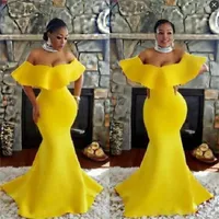 Yellow Off The Shoulder Prom Dresses African Style Plus Size Dresses Evening Wear Sweep Train Short Sleeves Mermaid Party Dress Vestidos