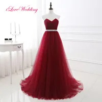 2018 New Cheap Dark Red Long Prom Party Dresses Strapless Sweetheart Neckline Robe de soiree Tulle Beaded Sash Evening Weeding Gown In Stock