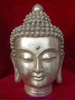 14*9 cm Bouddhisme Blanc Cuivre Shakyamuni Bouddha Tête Buste Statue Figurine Décoration De Jardin 100% réel Tibétain Argent En Laiton