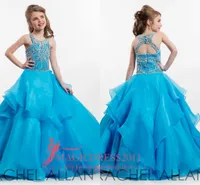 2019 Meninas Glitz Pageant Dresses vestido de baile Jewel Cristal Flor Meninas Vestidos de casamento azul Piso baratos Comprimento Custom Made