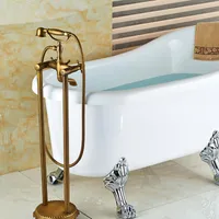 Antique Brass Bathroom Floor Mounted Tub Faucet Hand Shower Telephone Style Tub Filler Mixer Tap