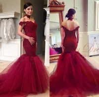 New Arabic Backless Mermaid Dresses Evening Wear Dark Red Charming Off-shoulder Long Prom Gowns Lace Applique Formal