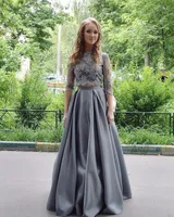 2017 New High Neck Grey Two Pieces A Line Evening Dresses Elegant Half Long Sleeves Floor Length Formal Prom Party Gowns
