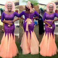 2017 Nigerian Aso Ebi Prom Klänningar Butiker Kina 2K16 Golvlängd Lace Prom Klänningar Backless Långärmade Party Gowns Långärmad sjöjungfru