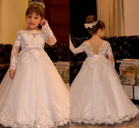 2017 Cute Off Shoulder Bateau Long Sleeves Flower Girls' Dresses With Sash Princess Lace Appliques Tulle Wedding Girls Dresses Backless Gown