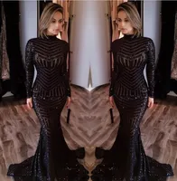 Sexy Black Mermaid Evening Dresses 2017 Newly High Neck Long Sleeves Sequined Prom Dresses Sweep Train Celebrity Red Carpet Gowns Custom