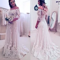 Modest Lace off the Shoulder Wedding Dresses Bridal Gowns 2017 Custom Made Elegant 3/4 Long Sleeves Wedding Dress A Line Sweep Train