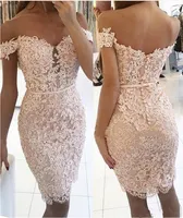 Knee Length Lace Short Party Dresses Off Shoulder Applique Beaded Maid of Honor Dress Buttons Back Sexy Cocktail Gowns