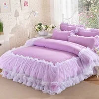 韓国スタイルの寝具セット紫色のレースベッドスプレッド4PCSロマンチックなプリンセスベッドクロスコットンズボットカバーベッドスカート枕ケースクイーンキングサイズのサイズの独立カラーホームテキスタイル