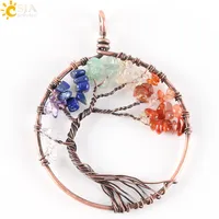 CSJA 7 Chakra Jewely Rainbow Natural Stone Beads Wrap Wisdom Tree of Life Antique Copper Plated Round Pendant for Said E269