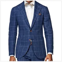 Homens Roupeiro Essencial Slim Fit Windowpane Terno Tailor Made Azul Marinho Windowpane Verifique Ternos Para Homens, Elegante Terno de Negócios