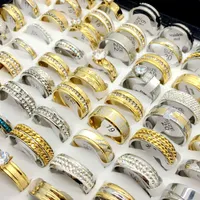 Toptan 50 adet Sürü Üst Rhinstone Zirkon Altın Plaka Gümüş Tabak Paslanmaz Çelik Yüzük erkek kadın Düğün Hediyesi Için Takı Yüzük