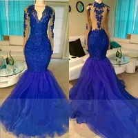 2K19 Real Shinny Royal Blue Mermaid Prom Dresses Sexy Illusion Long Sleeves Sheer Backless Appliqued Sequined Long Tulle Party Evening Gowns