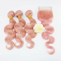 Großhandelspreis Brasilianisches Reines Haar 3 Bundles mit Verschluss Unverarbeitete 100% Echthaar Bundles mit Spitzeschluss Farbe Rosa # Körperwelle