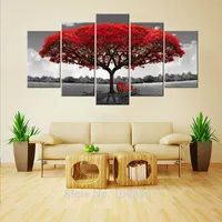 5 panneaux d'arbre rouge peinture sur toile Fleurs Wall Art Paysage Œuvre Impression sur toile pour la maison décorations en bois encadrée