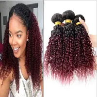 Kinky Curly Virgin Brazilian Burgundy Ombre Human Hair Weaves Extensions #1B/99J Dark Root Wine Red Ombre Virgin Remy Hair Bundles 3Pcs Lot