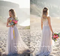 2018最新ビーチの花嫁介添人ドレスジュエルスパンコールチュールシルバーボヘミアンのウェディングドレス