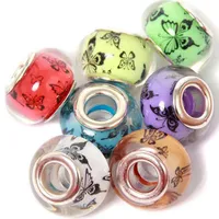 50PCS/Lot Mixed Fashion Butterfly prints Pattern European Resin DIY Big Hole Silver Core Charms Beads for Jewelry Making Low Price RSB44