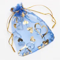 Gold Bronzing Love Heart Organza Jewelry Pouches Gift Bag Wedding Favor Bags 7*9cm/ 9*12cm/13*18cm/17*23cm