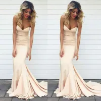 2019 Simple Mermaid Prom Dresses Nude Color Sweetheart Neck Sweep Train Formal Evening Gowns Long Women Celebrity Party Gowns