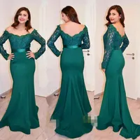 2017 Dark Green Bateau Lace Long Sleeve Mermaid Evening Dress With Slim Sash Sexy Open Back Sweep Train Prom Party Gown