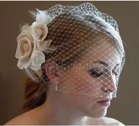 Wedding BirdCage Weils 51cm - 80 cm Szampan Kości Słoniowej Białe Kwiaty Pióro Birdcage Veil Hat Hair Pieple Bridal Akcesoria