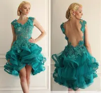2017 Nowy Szmaragd Zielony Krótkie Prom Dresses Aplikacje Koronki Wielopoziomowy Organza Wysoka Niska Tani Backless Prom Sukienka Formalna Party Suknie Custom Made