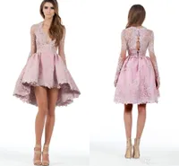 2017 Różowy Wysoki Niski Sukienki Homecoming Custom Made a Line Długie Rękawy Wysokiej Koronki Aplikacja Zanurzanie Cocktail Party Suknie Krótka Mini Dress