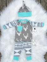 Wholesale- Newborn Baby Girls Boy Deer Tops T-shirt Pants Leggings Hat 3pcs Outfits Set