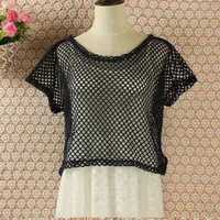 Sexy Mesh Top Women Girl Summer Hollow Out Crop Short Sleeve Top T Shirt Dancewear Lady Harajuku Black White Crochet Lace Shirts