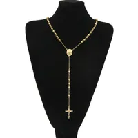 Gold Edelstahl Perlenkette Jesus Christus Kreuz Anhänger Rosenkranz Lange Halskette Mens Womens Hip Hop Schmuck