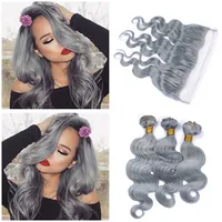 Silver Grey 3pcs Brasilianska Human Hair Weaves With Frontal Body Wave Pure Gray Color 13x4 Lace Frontal Stängning med 3 buntar 4st
