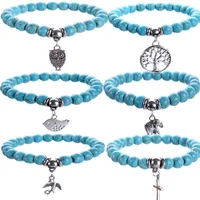 Turkos armband Owl Tree of Life Cross Pendants Armband Bangles Charm Natursten Bracelet Yoga Smycken Män Kvinnor