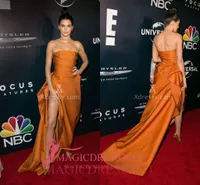 Kendall Jenner Sexy Golden Yellow Slit Prom Evening Dresses Golden Globes After Party 2019 A-Line Strapless Formal Celebrity Gowns