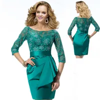 Emerald Green Lace Mother of the Bride Dresses 2019 Plus Size Half Sleeves Beaded Short Mini Wedding Evening Party Dresses