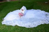 New elegante Comprimento muçulmana Lace A vestidos de casamento linha de alta pescoço Applique mangas compridas Andar vestidos de noiva vestido de casamento Custom Made