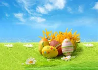Background Fotografia Dia Blue Sky Happy Easter Fundo vinil impresso colorido Green Eggs monte de feno flores brancas Bebê recém-nascido da Primavera
