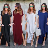 Kadın Yaz Elbiseler Giysi Şık Kazak Maxi A Tipi Örgü Rahat Uzun Elbise Kısa Kollu Backless Bayan Giyim Cebi
