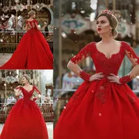 Vintage Kırmızı Balo Quinceanera Elbiseler 2022 Kış Uzun Kollu Dantel Boncuklu Tatlı 16 Elbise Brithday Balo Parti Abiye Vestidos De 15 Años
