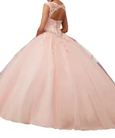 Quinceanera jurken roze kraag met netto ontwerp back riem, meerlagige netto achterliggende matten, applique kralen, sprankelende, goedkope post.